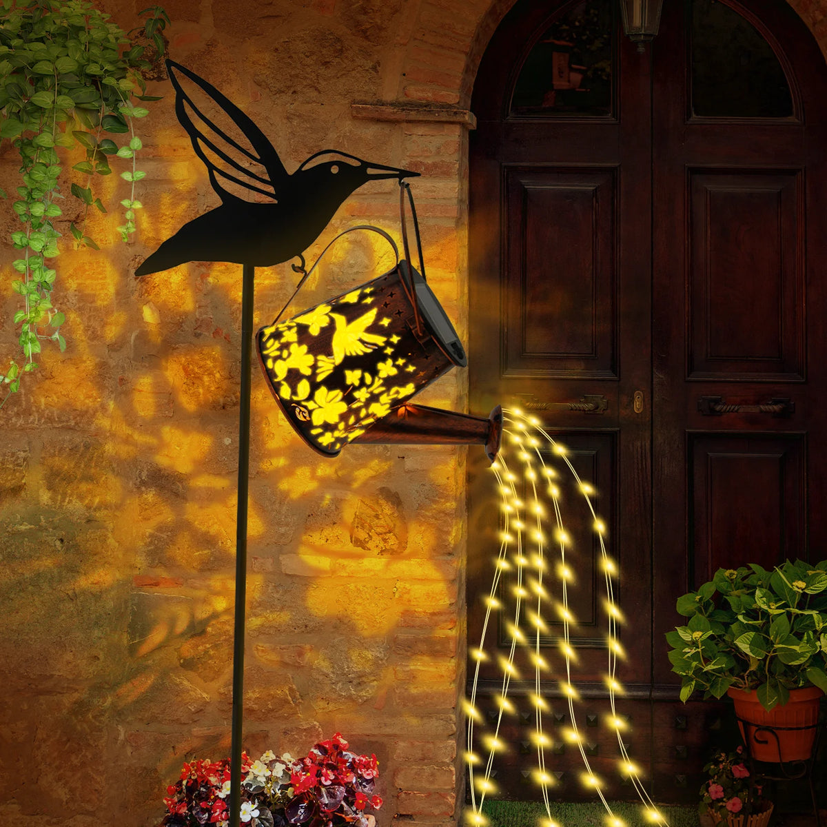 Solar Watering Can LED Hummingbird Light